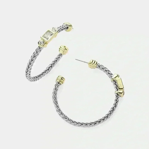 Two Tone CZ Stone Hoop Earrings - Picture 1 of 1